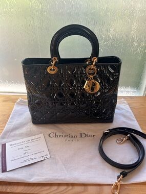 Vintage DIOR Lady Dior Bag - Large Black Quilted Patent Leather